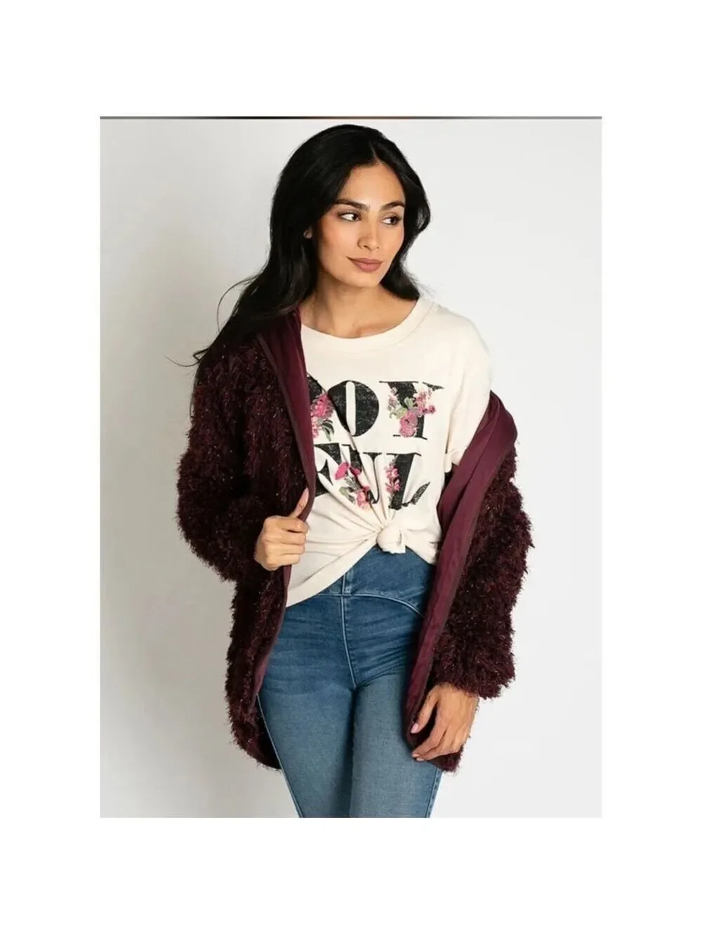 Women's Mia Joy Burgundy Shaggy Cardigan Sweater XL